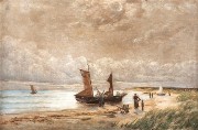 fw_1890uNetzboote am Boddenstrand_Oel_auf_Holz_39,5x58,5