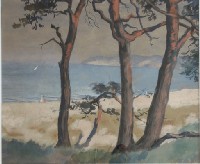 ij_1915_Baeume_am_Strand_Wasserfarben_auf_Pappe_38x45cm